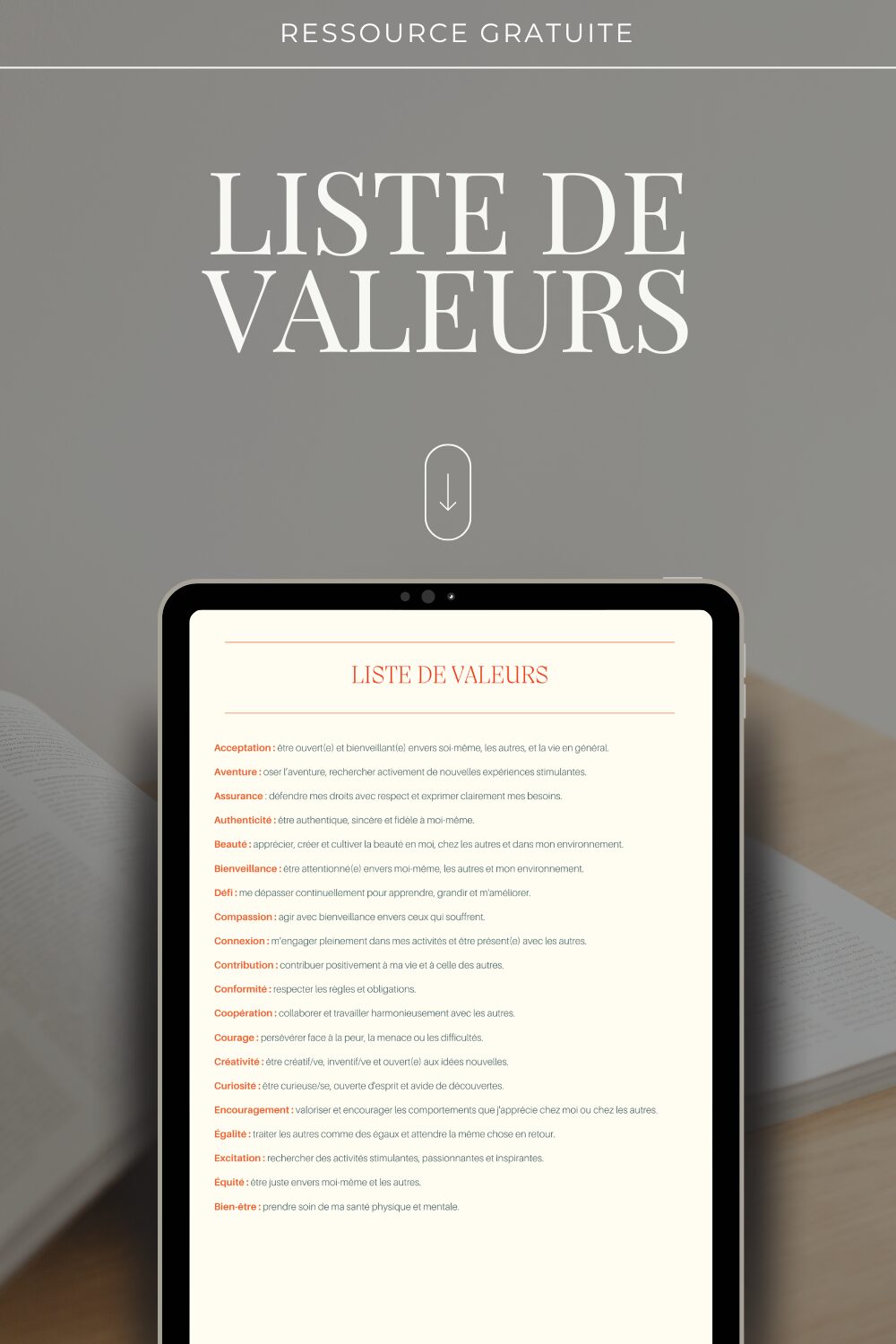 Image illustrant une liste de valeurs personnelles, comprenant des exemples tels que l'acceptation, l'aventure, la bienveillance, la créativité, l'équité et le bien-être, accompagnés de courtes définitions pour aider à clarifier leur signification.